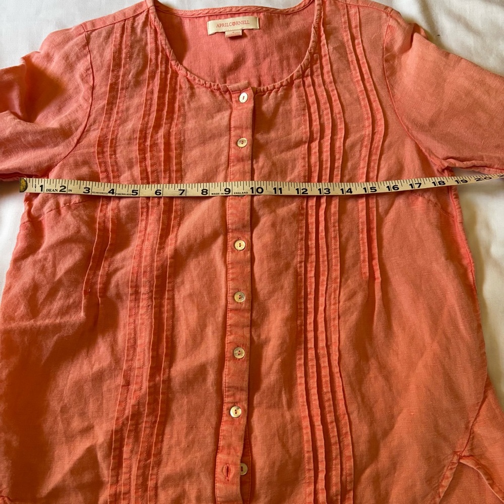 April Cornell Size S Coral Orange Linen Blend 3/4 Sleeve Hi Lo Hem Tunic Blouse - Picture 6 of 8